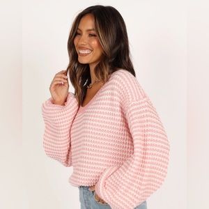 Becca Crewneck Waffle Stitch Stripe Knit Sweater - Pink